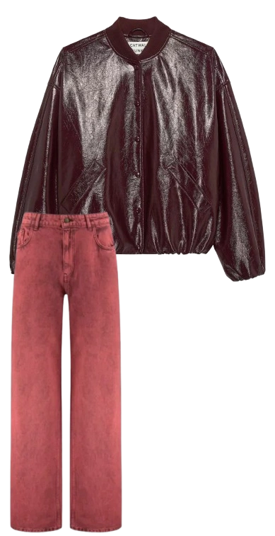 Kledingtrends najaar 2025 2 rode broek en een leren jas Dock54