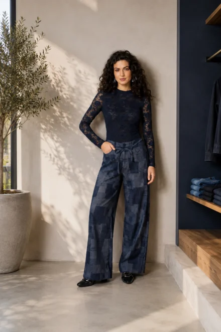 Vrouw met donkerblauwe kanten top van Lofty Manner en geblokte donkerblauwe broek van Lofty Manner