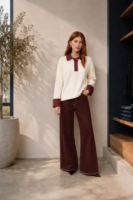 Vrouw met witte en bordeaux rode Nous Sommes sweater en bordeaux rode broek van Nous Sommes