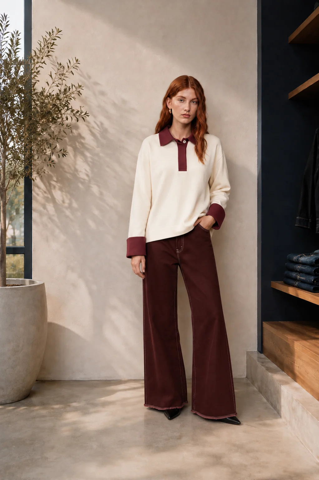 Vrouw met witte en bordeaux rode Nous Sommes sweater en bordeaux rode broek van Nous Sommes