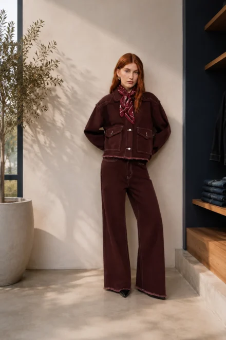 Vrouw met bordeaux rode jas van Nous Sommes en bordeaux rode jeans van Nous Sommes