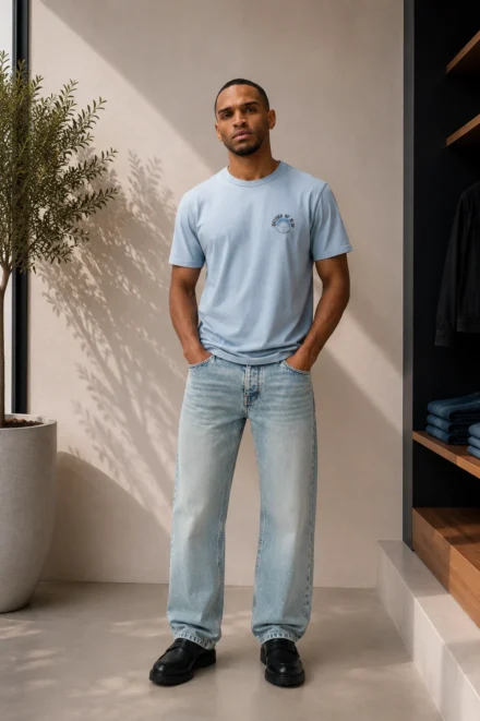 Man met blauw t-shirt van Butcher of Blue en een jeans van Pure Path
