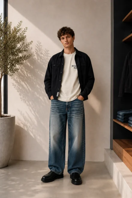 Man met zwart Butcher of Blue overshirt en wit t-shirt en een jeans van Pure Path
