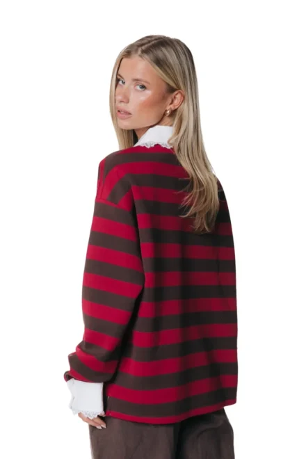 Colourful Rebel Colourful Rebel | Polo lange mouw | Rood | Skyler striped lace polo