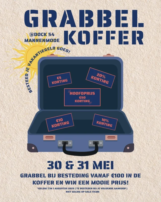 🧳 Morgen is het zover! 

Grabbel bij besteding vanaf €100 in de koffer en ga met een leuke prijs naar huis! 👀
Besteed je vakantiegeld dus goed en kom morgen en zaterdag bij ons langs 🛍️