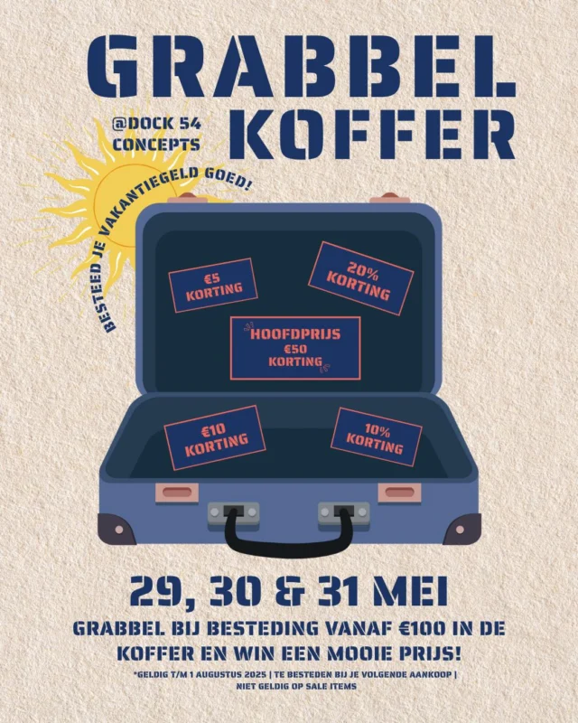 🧳 Morgen is het zover! 

Ben je lekker vrij komende dagen? Dan hoort shoppen bij ons bij één van jouw uitjes 😉.
Grabbel namelijk bij besteding vanaf €100,- in de koffer en ga met een leuk prijsje naar huis! 
Wie weet grabbel je wel de hoofdprijs 👀.

Besteed je vakantiegeld dit jaar goed en verwen jezelf met een nieuwe outfit 💙✨.

#dock54concepts #Dock54