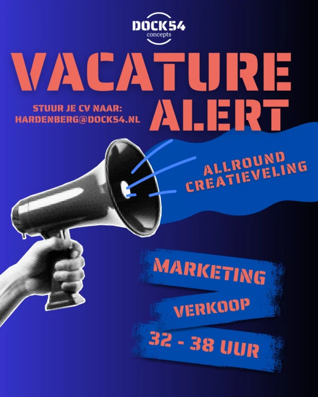 ✨ WE’RE HIRING!

En niet zomaar iemand.
Wij zoeken een marketing & sales talent die weet wat werkt op social media én snapt hoe je een winkel als Dock 54 Concepts laat groeien.
Jij maakt klanten blij, online én in de winkel.
Je voelt trends aankomen, weet hoe je content laat scoren en krijgt energie van contact met mensen. Mode zit in je DNA, je hebt oog voor detail en je weet hoe je een klant meeneemt in een verhaal.

Wat je gaat doen?
Alles.
Je maakt content, schrijft, ontwerpt, verkoopt en denkt actief mee over hoe we nóg beter, leuker en zichtbaarder worden.
In de winkel ben je het gezicht van Dock 54 Concepts: je adviseert klanten, bouwt relaties op en weet verkoop natuurlijk en persoonlijk te laten voelen. Geen push, wél beleving.

Je denkt creatief mee over presentatie, sfeer en uitstraling (ja, ook VM hoort daarbij 😉), zodat alles klopt: van etalage tot paskamer.
Dit doe je in een open-minded, jong en (mega) gezellig team, met veel vrijheid en ruimte voor jouw ideeën.
Vooral: aanpakken, proberen, groeien.

🕒 32–38 uur per week

Klinkt als jouw next move?
Let’s meet.
Stuur je CV + motivatie naar hardenberg@dock54.nl

Heb je nog vragen? Stuur ons gerust een DM en we helpen je verder.

#vacature #dock54 #dock54concepts #allroundcreatieveling #marketing