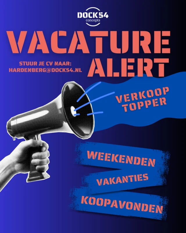 ✨ WE’RE HIRING!

Wij zoeken een enthousiaste weekendhulp die zin heeft om te knallen in de winkel.
Iemand die blij wordt van mode, energie krijgt van mensen en het leuk vindt om klanten met een goed gevoel (en een nieuwe outfit 😉) de deur uit te laten gaan. Je bent sociaal, spontaan en steekt graag je handen uit de mouwen.

Je bent beschikbaar in de weekenden, tijdens de vakanties en op koopavonden. In ruil daarvoor kom je terecht in een jong, open-minded en mega gezellig team, waar samenwerken en plezier net zo belangrijk zijn als aanpakken.

Geen saaie bijbaan, maar een plek waar je kunt leren, groeien en jezelf kunt zijn. Dit allemaal in een hippe kledingwinkel waar mode centraal staat.

Klinkt als iets voor jou?
Let’s meet!
Stuur je CV + motivatie naar hardenberg@dock54.nl

Heb je nog vragen? Stuur ons gerust een DM en we helpen je verder.

#vacature #dock54 #dock54concepts #verkooptopper