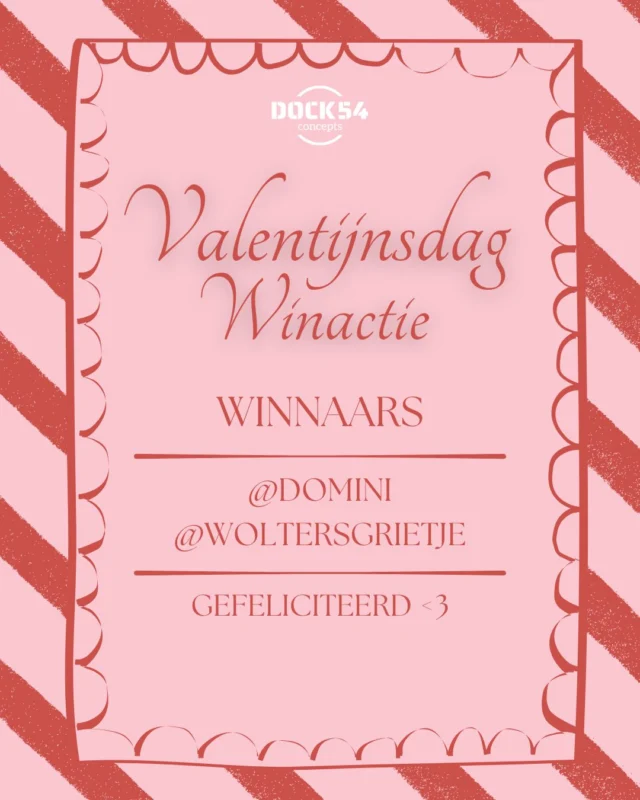 ❤ DE WINNAARS VAN DE VALENTIJNS WINACTIE

Gefeliciteerd @___domini___ & @woltersgrietje ! 🎉💌✨
Jullie hebben allebei een cadeaubon t.w.v. €100  gewonnen 🤩
Willen jullie ons laten weten wanneer jullie langskomen om je prijs in ontvangst te nemen? 💪

Bedankt voor het meedoen en we wensen je een hele fijne Valentijnsdag! ❤

#dock54 #dock54concepts #valentijnsdag