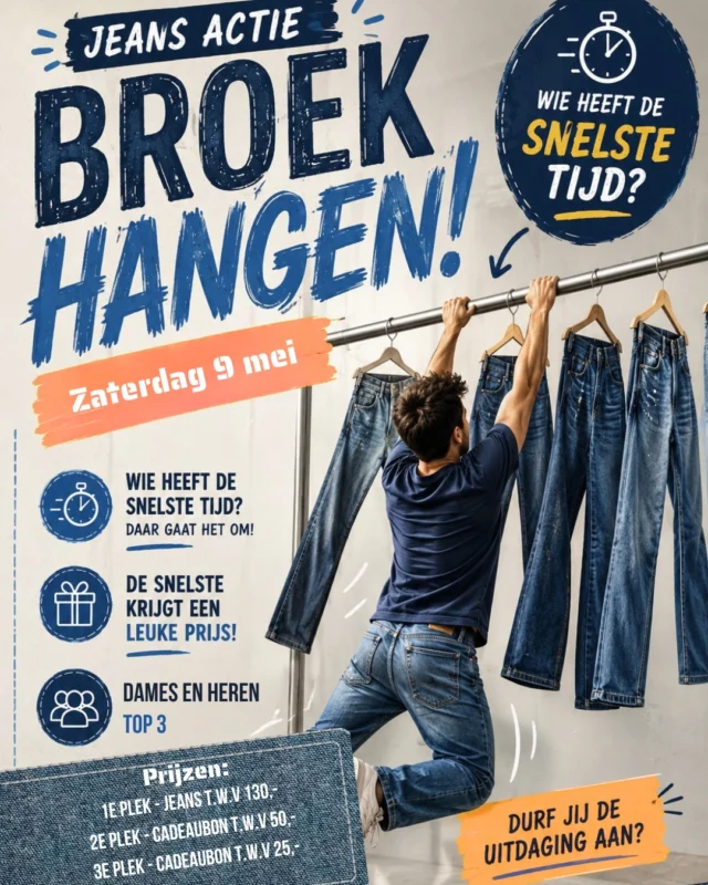 💪🏻 BROEKEN HANGEN!

Zaterdag 9 mei = actie in de winkel🔥

👖BROEKHANGEN CHALLENGE
Laat zien hoelang jij kunt hangen aan ons broeken rek en ga voor een plek in de top 3 dames & heren🏆 

Natuurlijk hebben we zowel de dames als heren mooie prijzen klaarliggen😉

1e prijs - gratis jeans uitzoeken t.w.v van max €130,-
2e prijs - cadeaubon t.w.v € 50,-
3e prijs - cadeaubon t.w.v € 25,-

⏰Van 10:00 tot 17:00

♻️ Recycle your jeans

Zaterdag is ook de laatste dag dat je je oude jeans kunt inleveren voor > €20 euro korting op een nieuwe jeans vanaf €100 euro.

Kom langs, doe mee of kijk gewoon hoe mensen hun armspieren heroveren aan een spijkerbroek👖💪🏻💥

#spijkerbroekhangen #recyleyourjeans #actie #strongarm #hardenberg