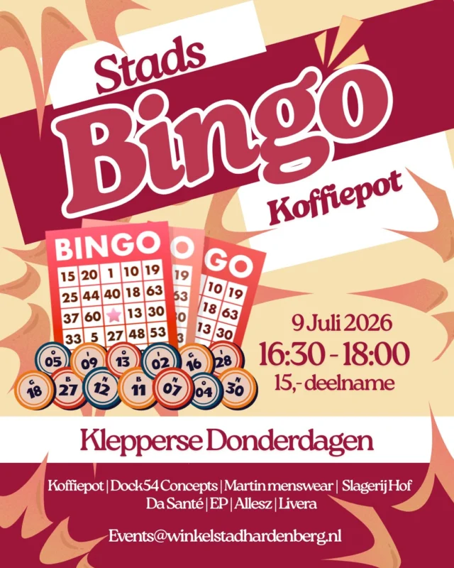 🎉 Trommel je leukste bingoteam op en schuif aan! 🎉

De Stads Bingo komt naar Koffiepot en jij wilt dit niet missen! Verwacht een middag vol gezelligheid, spanning, fanatieke medespelers en natuurlijk mooie prijzen. 🥳

Wij als winkel doen ook mee voor leuke prijs, dus wees erbij!

🎱 Durf jij "BINGO!" als eerste te roepen?

📅 Donderdag 9 juli
🕟 16.30 – 18.00 uur
💰 Deelname €15,-

🎟️ Meld je snel aan via events@winkelstadhardenberg.nl

Wie neem jij mee? Tag ze hieronder! 👇