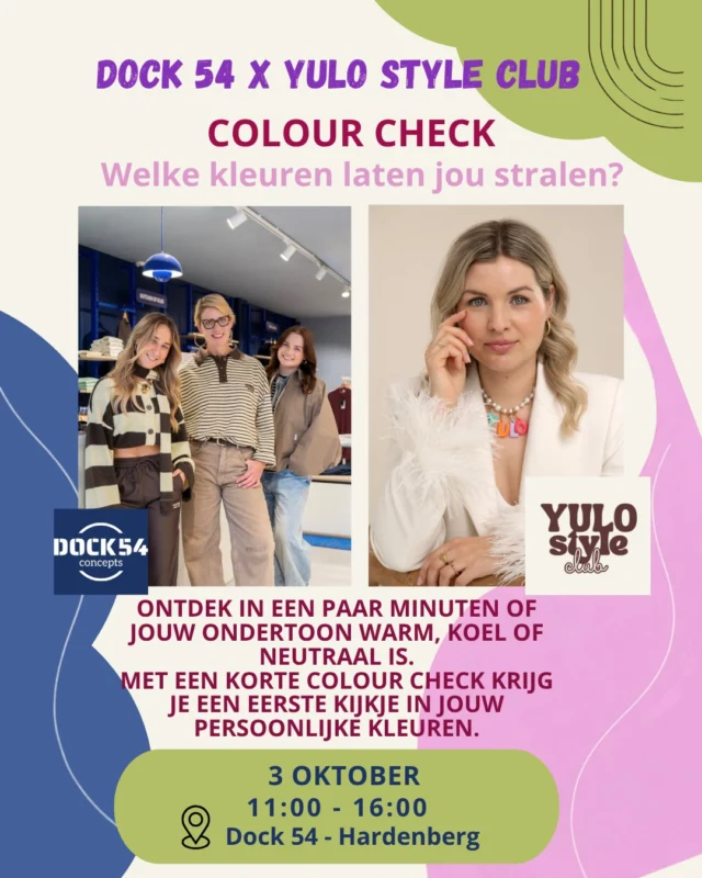 YOUR  COLOURS. YOUR STYLE💜

Heb jij je altijd al afgevraagd welke kleuren echt bij jou passen? Of welke ondertoon jouw huid heeft?👀

Op 3 oktober kun je bij ons (Dock54) meedoen aan de Colour Check van @yulostyleclub. In een paar minuten ontdek je of jouw ondertoon warm, koel of neutraal is en krijg je een eerste kijkje in jouw persoonlijke kleurenpalet!🩵

🌈 3 oktober
📍 Dock 54 - Hardenberg
🕚 11:00 - 16:00

En dat is niet het enige!
3 oktober is ook de Hardenberg Modestad Open Huis Dag. 🛍️ Verschillende winkels zetten hun deuren extra open en er zijn leuke acties, verrassingen en activiteiten in de stad.

Een perfecte dag om te shoppen, inspiratie op te doen én jouw kleuren te ontdekken. 

Zien we jou daar?✨