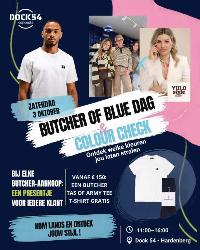 MORGEN ZIEN WE JE BIJ DOCK54! 💙

Van een nieuwe outfit tot ontdekken welke kleuren jou laten stralen: morgen draait alles om jouw stijl. ✨

Tijdens de Colour Check van @yulostyleclub ontdek je jouw ondertoon en welke kleuren het beste bij jou passen. Een leuke én handige check voordat je weer een nieuwe outfit samenstelt👀💜

Daarnaast vieren we Butcher of Blue met een leuke actie! Bij iedere Butcher-aankoop ontvang je een presentje en bij een aankoop vanaf €150 krijg je een Butcher tas óf Army Tee cadeau. 🔥

Morgen is ook de Hardenberg Modestad Open Huis Dag, dus de hele stad staat in het teken van fashion, gezelligheid en leuke activiteiten!✨💙

📍 Dock54 – Hardenberg
🕚 11:00 – 16:00

Kom langs, laat je inspireren en ontdek wat bij jóu past! 💙